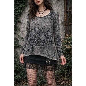 Saks Fifth Avenue Women’s Gray Printed Light Sweater Whimsigoth Grunge Fairy Med